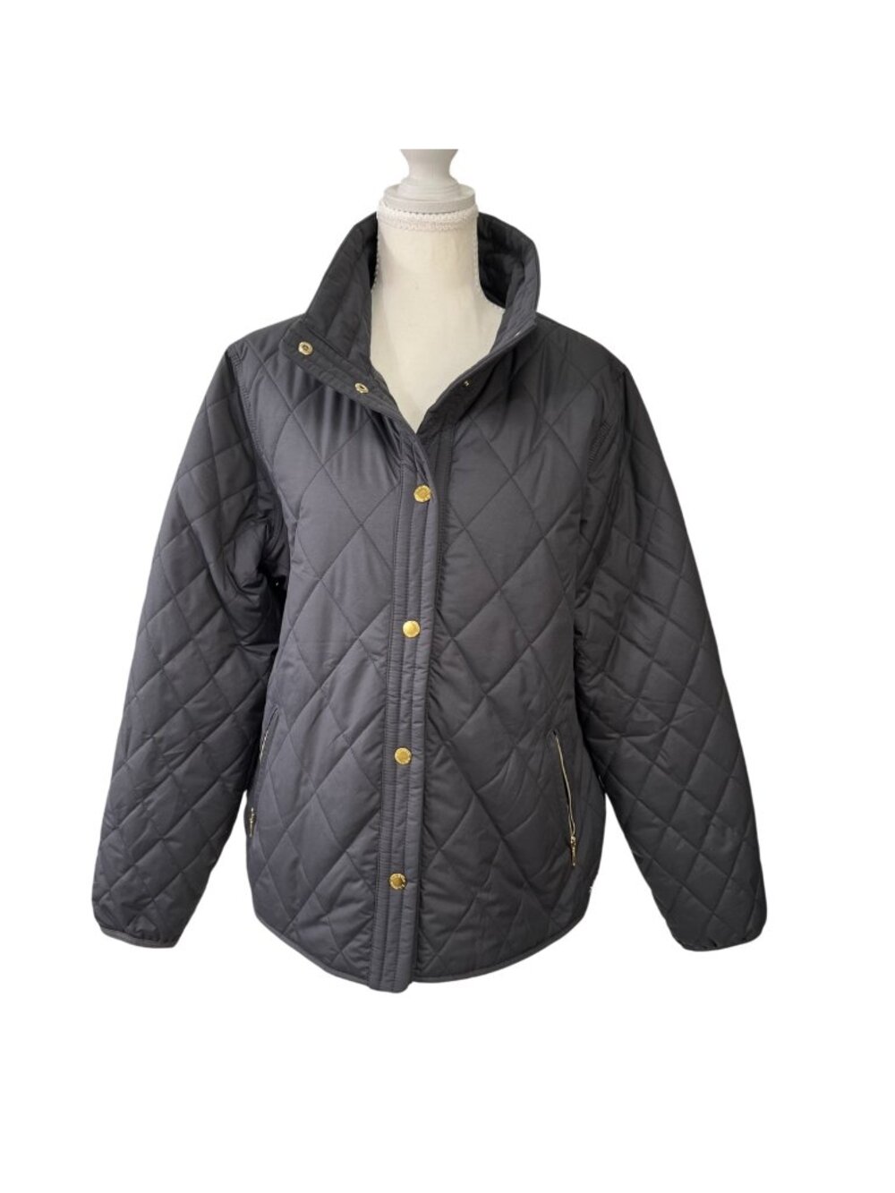 L.L. Bean Women's Cozy Quilted Jacket With Gold Snaps Black Size Large Pet